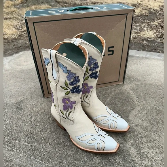 Tecovas The Sadie Meadow Bone Cowboy Boots Size 9 Floral Cream Western Bride - Picture 3 of 15